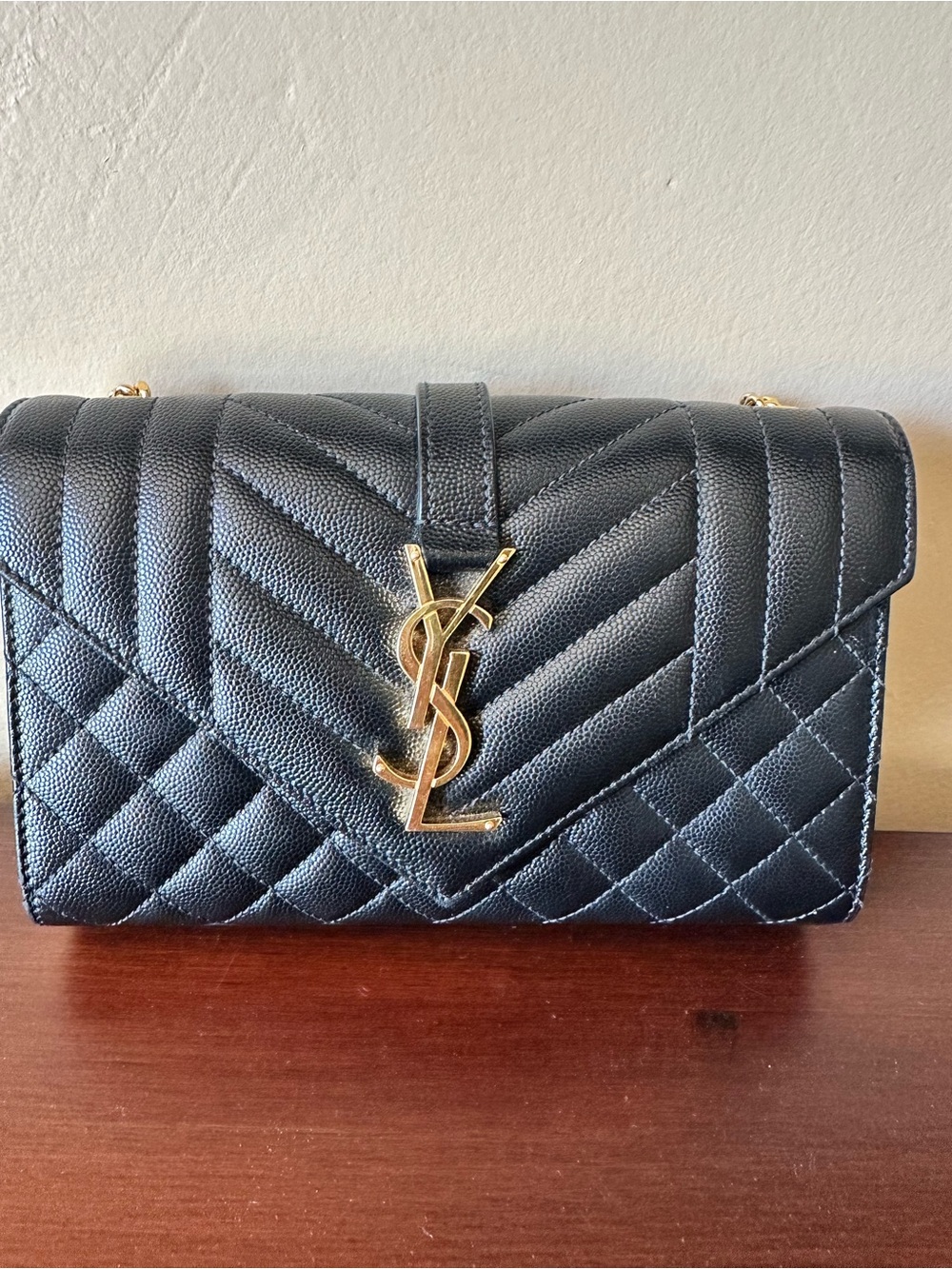 Saint Laurent Black Quilted Chevron Chain Crossbody with Gold YSL Hardware